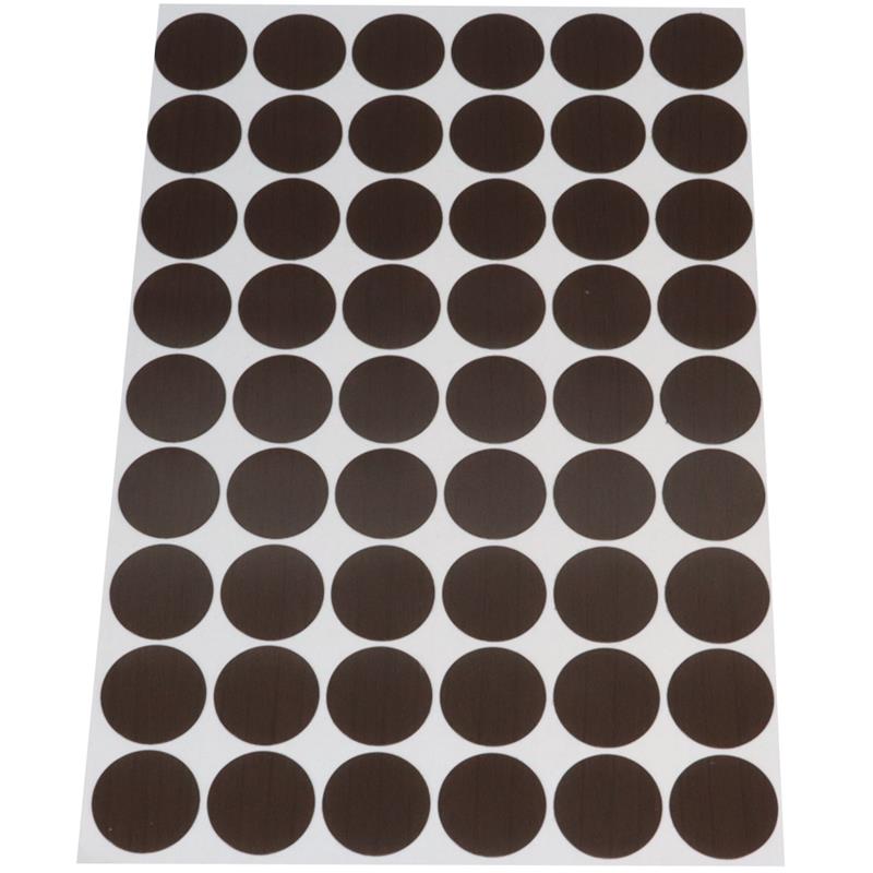 Adhesive PVC screw cover, walnut finish (sheet of 54 stickers), 20 mm diameter