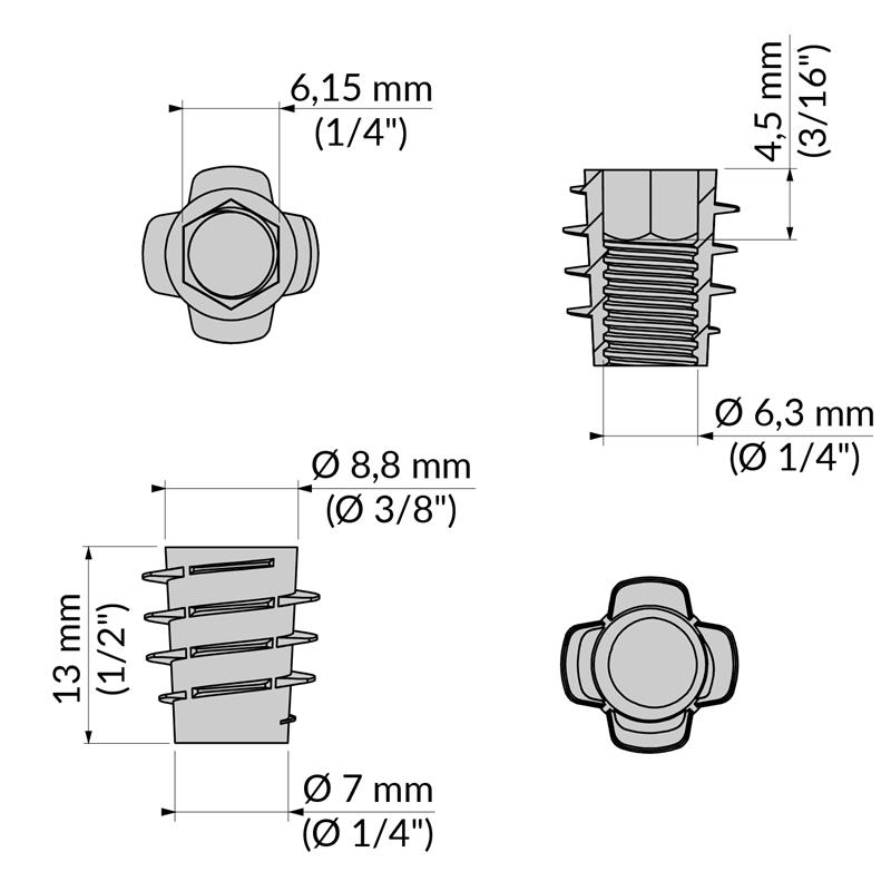 Type E nut 1/4" x 13 mm spec