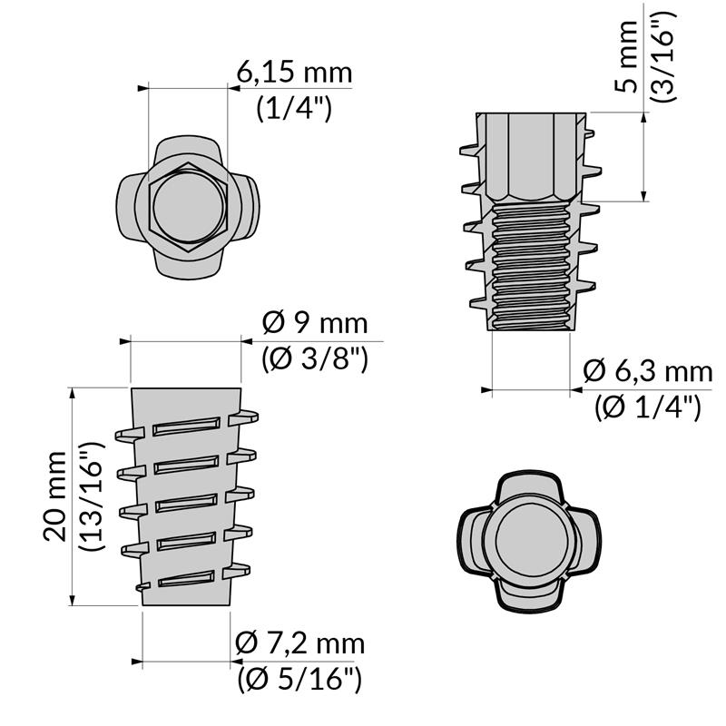 Type E nut 1/4" x 20 mm spec