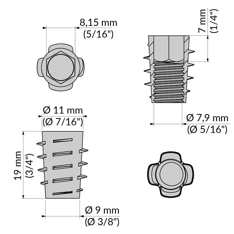 Écrou type E 5/16" x 20 mm spec