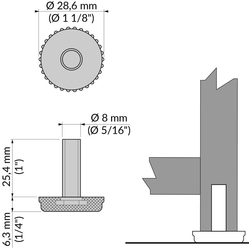 5/16" x 1" leveler 1 1/8" diameter spec