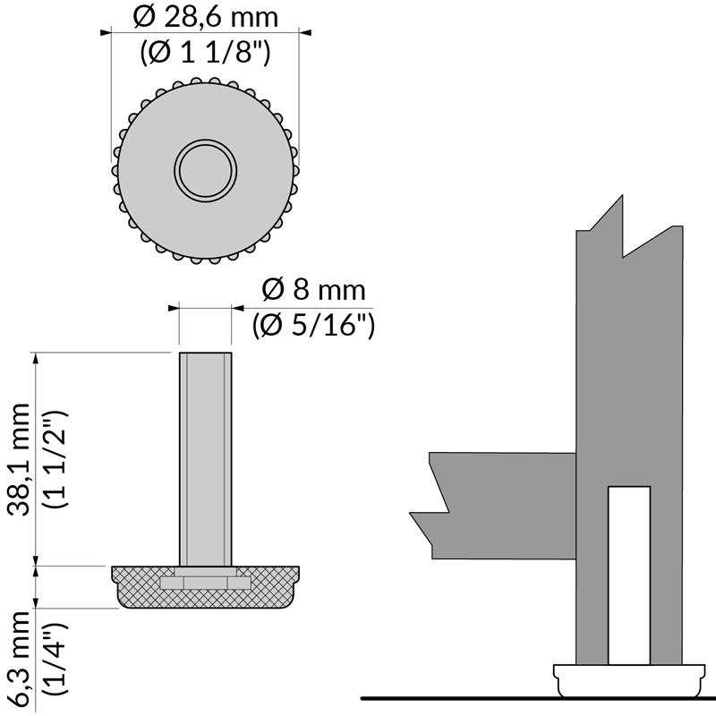 5/16" x 1 1/2" leveler 1 1/8" diameter spec