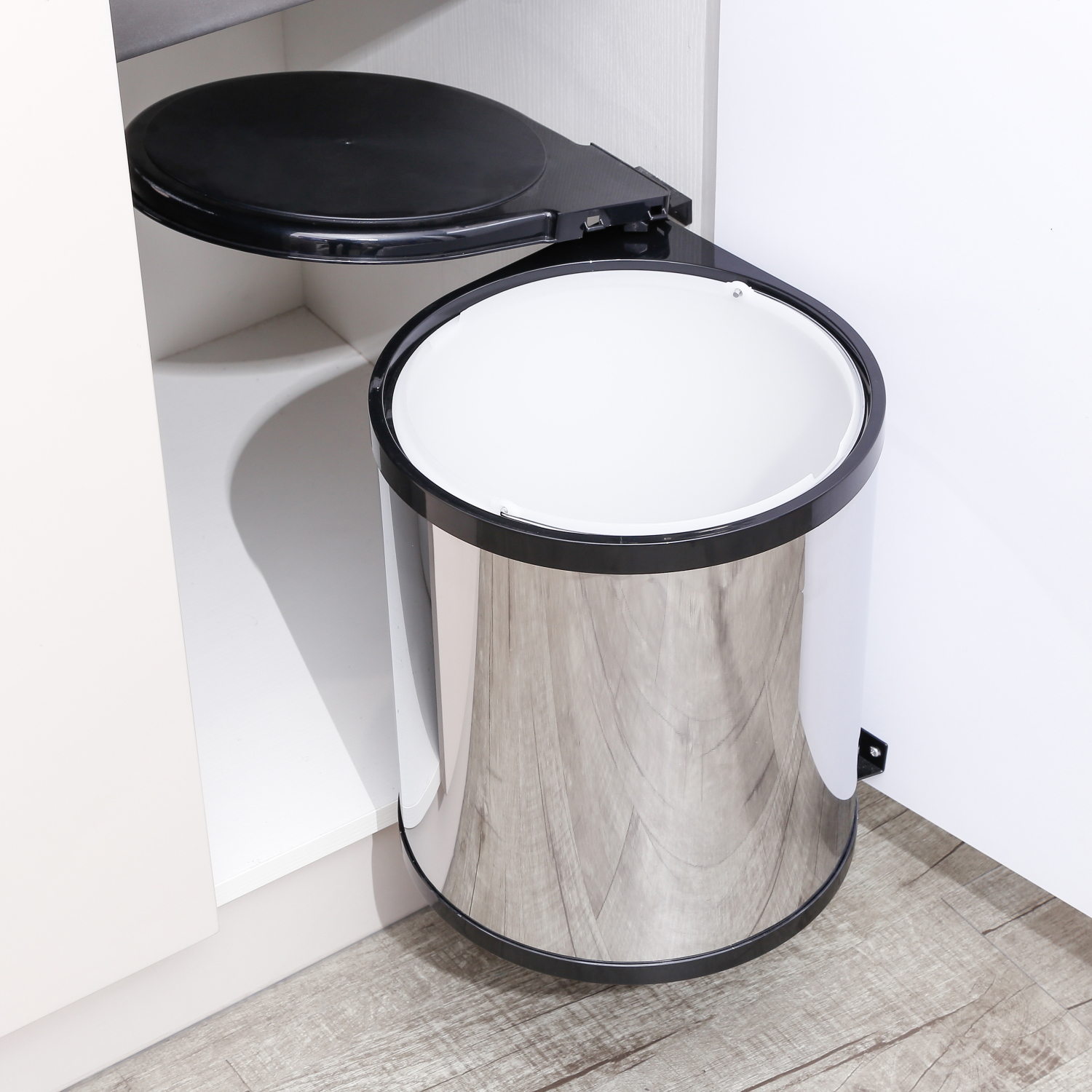 Swing out round stainless steel and white waste bin , 14 L